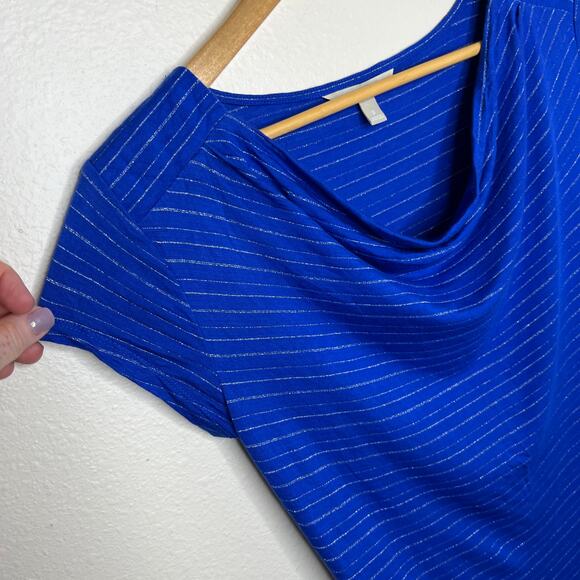 Banana Republic Blue and Siliver Stripe Short Sleeve Blouse Small - Picture 3 of 9